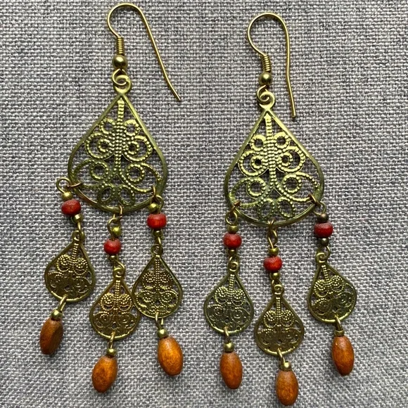 Boho Dangling Earrings with Wooden Beads - Picture 2 of 3